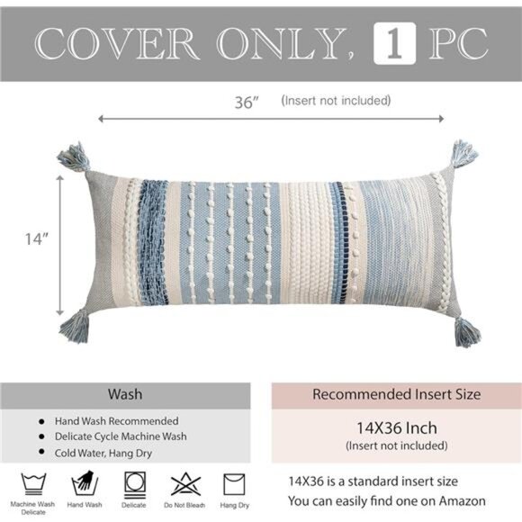 Coastal Blue Decorative Lumbar Pillow Cover 14x36 Boho Long Body - Picture 12 of 14